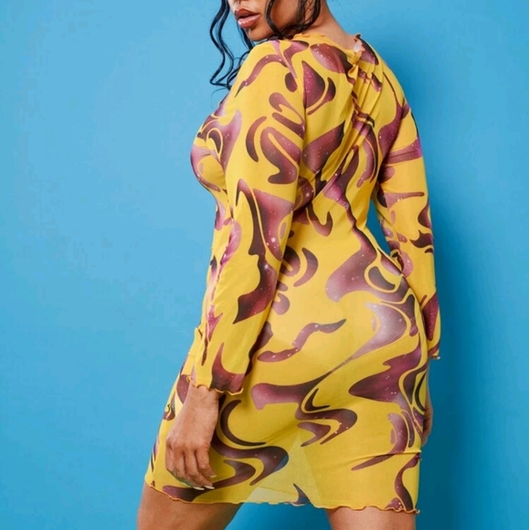 🌼🤎 SHEIN 2XL Yellow Marble Abstract Mesh Cut Out Dress🌼🤎 - Picture 10 of 13